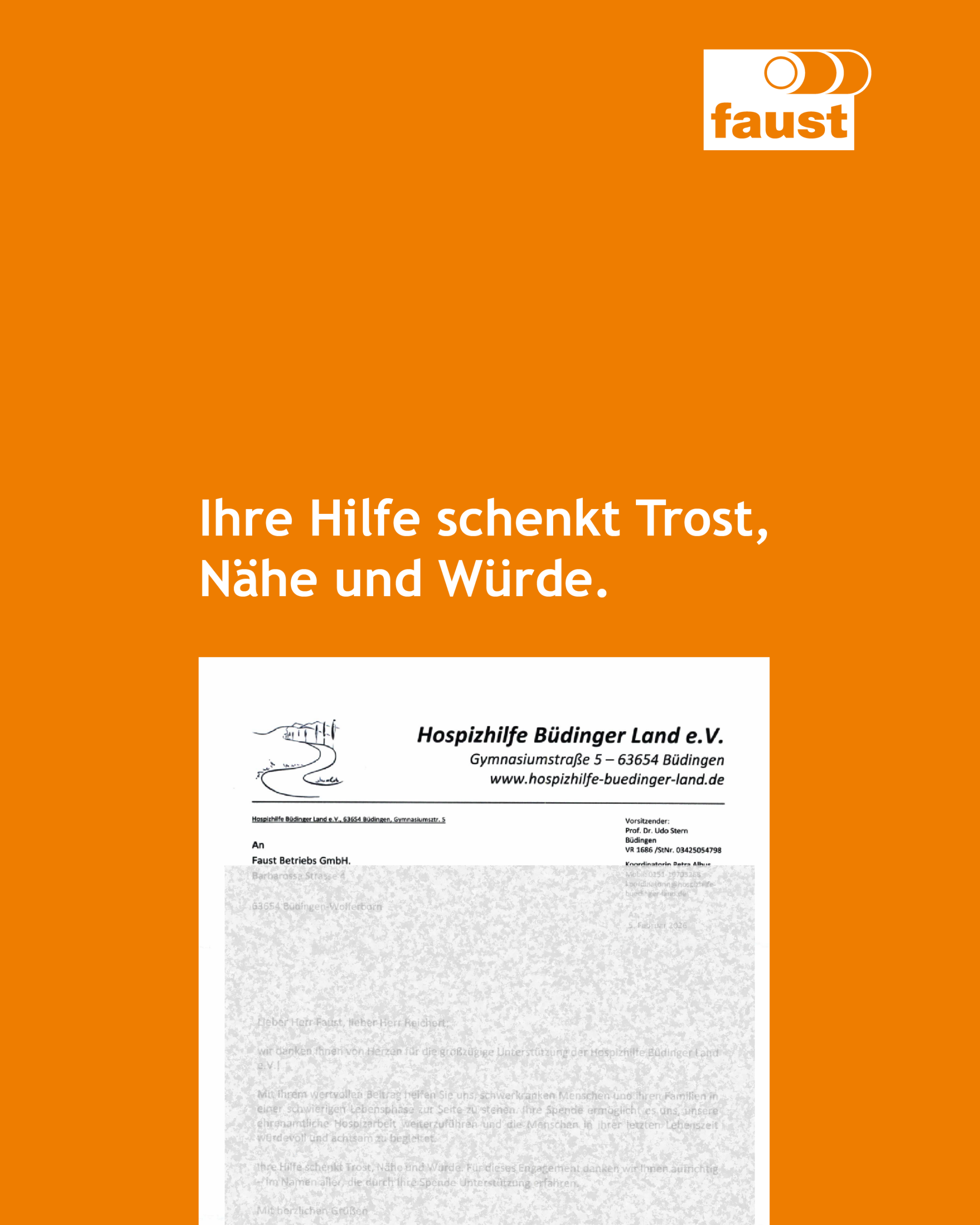 Ausschnitt vom Dankesschreiben der Hospizhilfe Büdinger Land für die Spende der Faust Betriebs-GmbH.