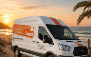 Kundendienstfahrzeug der faust Betriebs-GmbH steht an einem Strand im Sonnenuntergang mit Palmen.